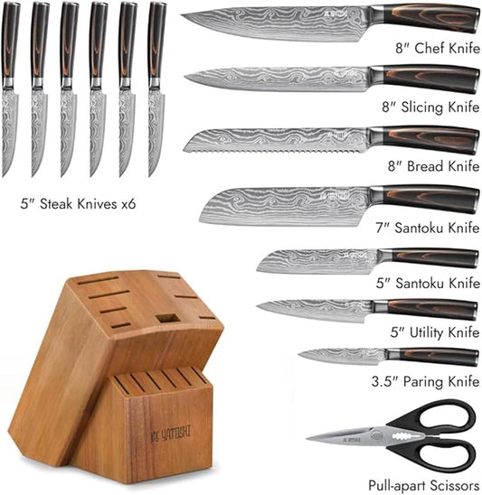 Juego de Cuchillos de Cocina Profesional Yatoshi, 15 Piezas, Acero Inoxidable de Alto Carbono, Mango Ergonómico