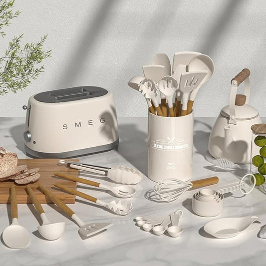 Juego de Utensilios de Cocina Umite Chef, Juego de Espátulas y Utensilios de Cocina de Silicona Antiadherente de 33 Piezas con Soporte, Utensilios y Aparatos de Cocina de Silicona con Mango de Madera (Caqui)