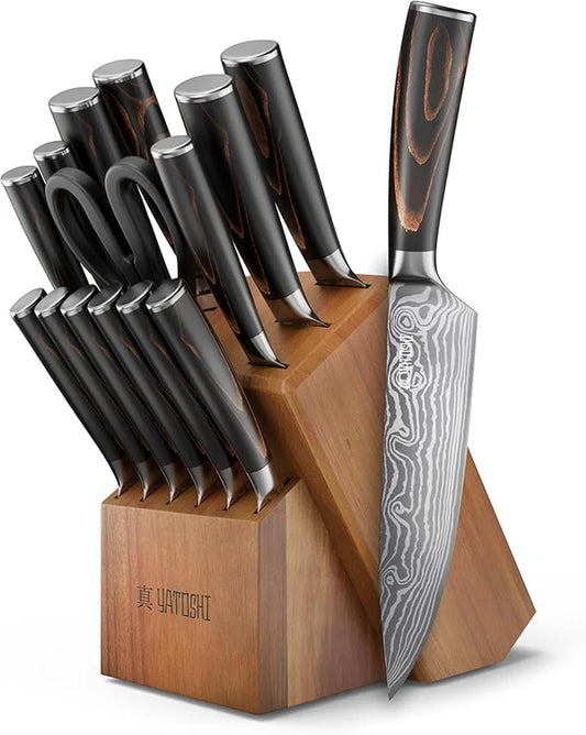 Juego de Cuchillos de Cocina Profesional Yatoshi, 15 Piezas, Acero Inoxidable de Alto Carbono, Mango Ergonómico