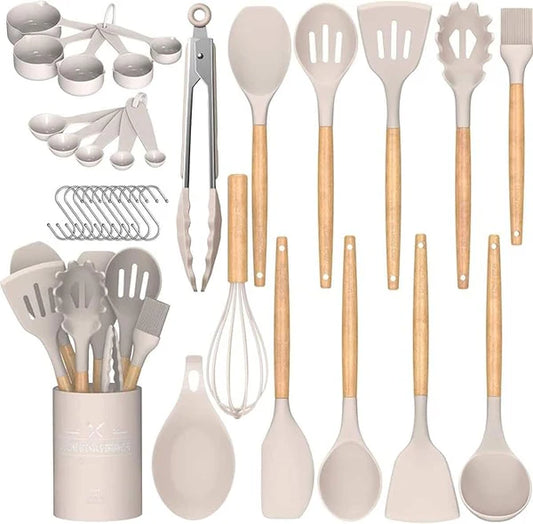 Juego de Utensilios de Cocina Umite Chef, Juego de Espátulas y Utensilios de Cocina de Silicona Antiadherente de 33 Piezas con Soporte, Utensilios y Aparatos de Cocina de Silicona con Mango de Madera (Caqui)