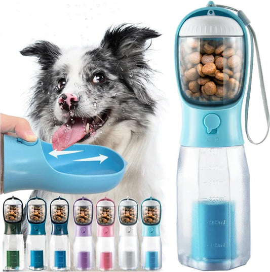 Botella de Agua Portátil para Perros, Dispensador 3 en 1 de Tazón de Viaje para Mascotas con Contenedor de Comida/Premios y Soporte para Bolsas de Popó