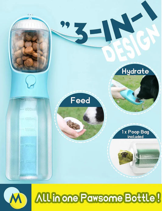 Botella de Agua Portátil para Perros, Dispensador 3 en 1 de Tazón de Viaje para Mascotas con Contenedor de Comida/Premios y Soporte para Bolsas de Popó
